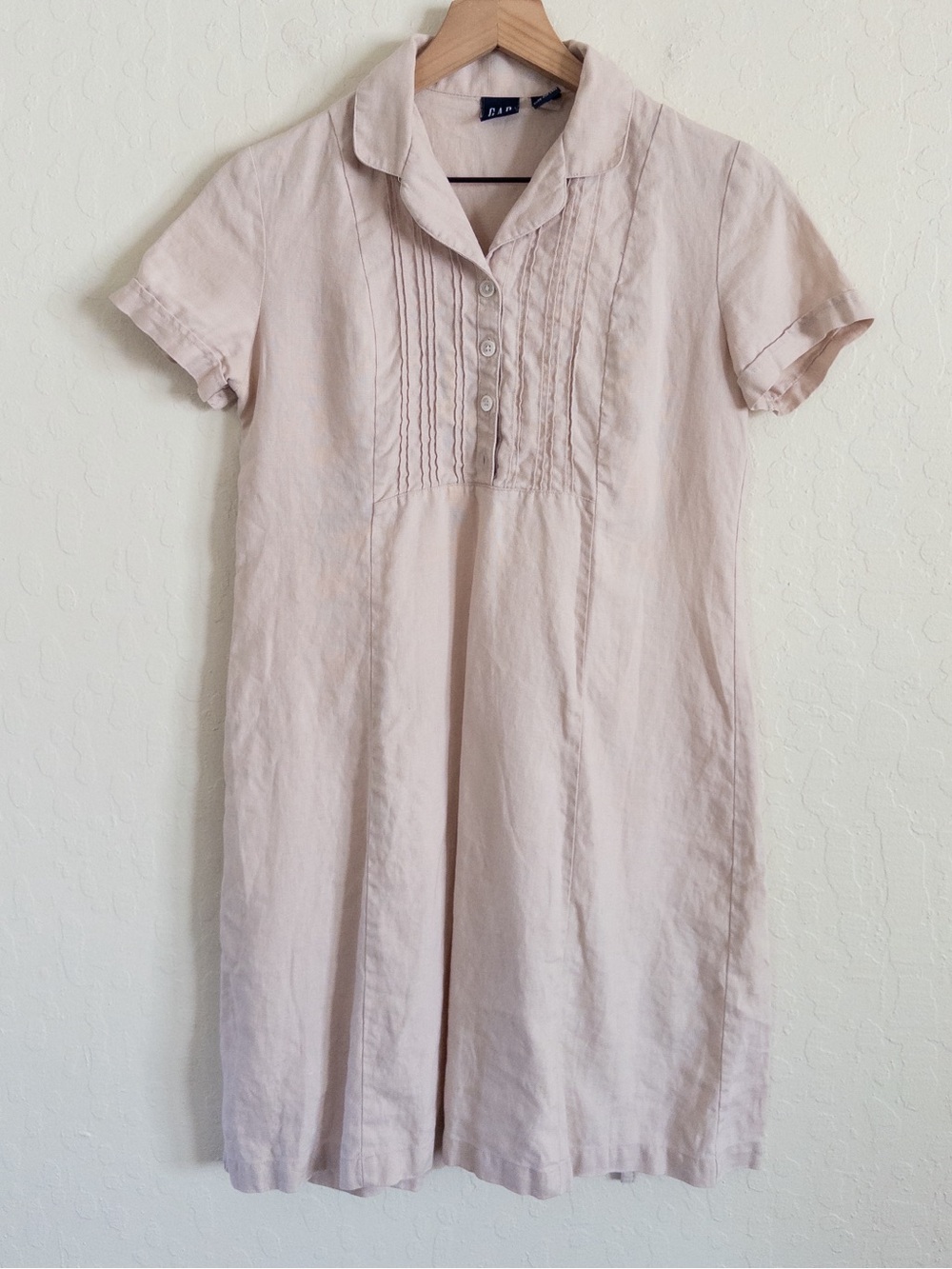 Vintage 90s Y2K Gap 100% Linen Pintuck Tie Back Shirt Dress 4 Beige Natural
